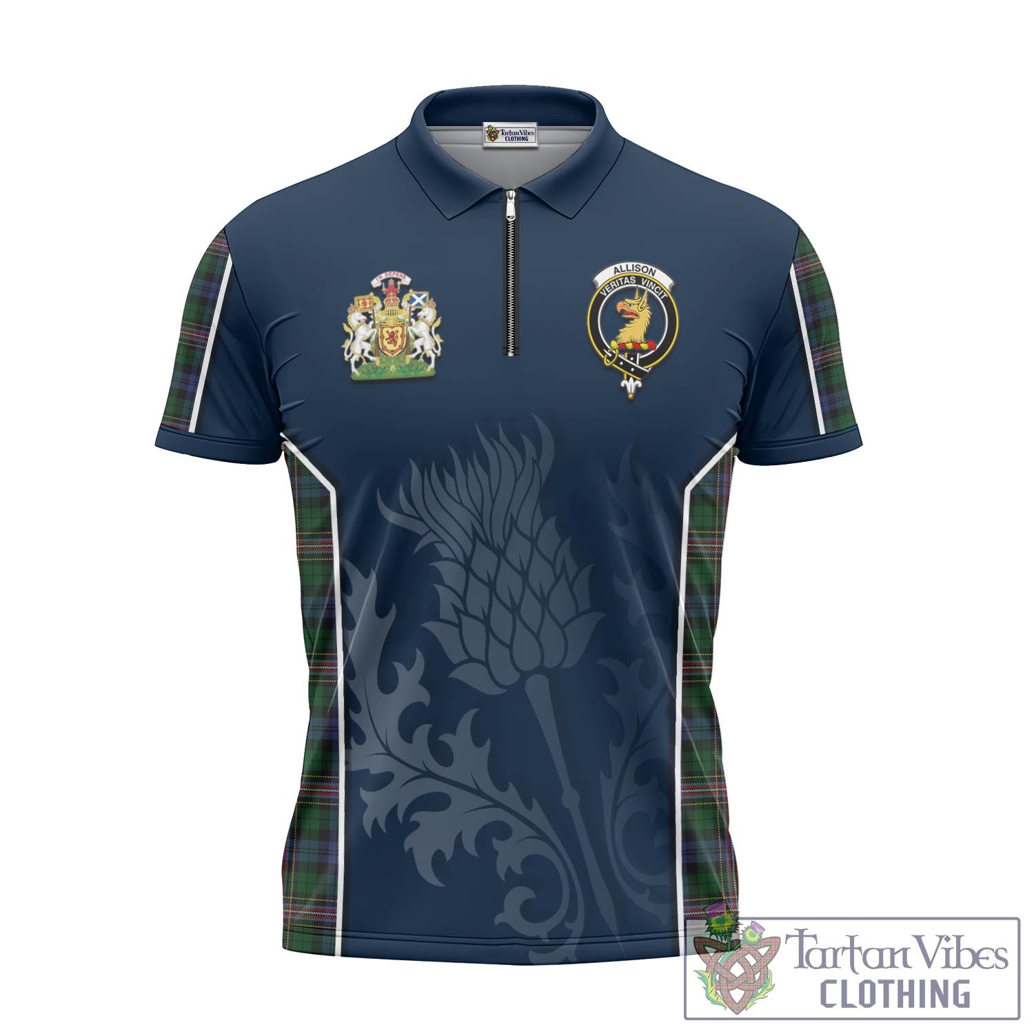 Tartan Vibes Clothing Allison Tartan Zipper Polo Shirt with Family Crest and Scottish Thistle Vibes Sport Style