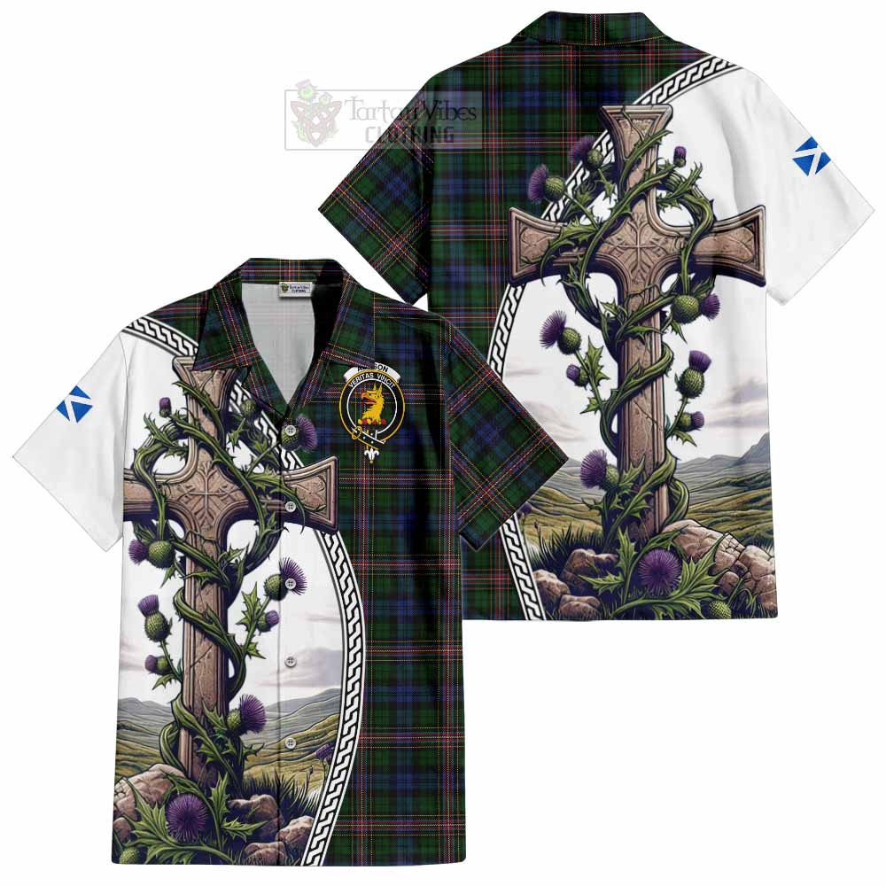 Tartan Vibes Clothing Allison Tartan Short Sleeve Button Shirt with Family Crest and St. Andrew's Cross Accented by Thistle Vines