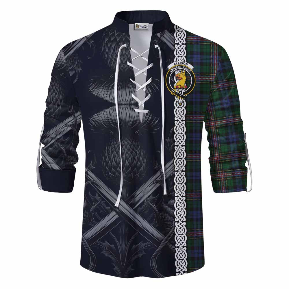 Tartan Vibes Clothing Allison Tartan Ghillie Kilt Shirt with Family Crest Cross Sword Thistle Celtic Vibes