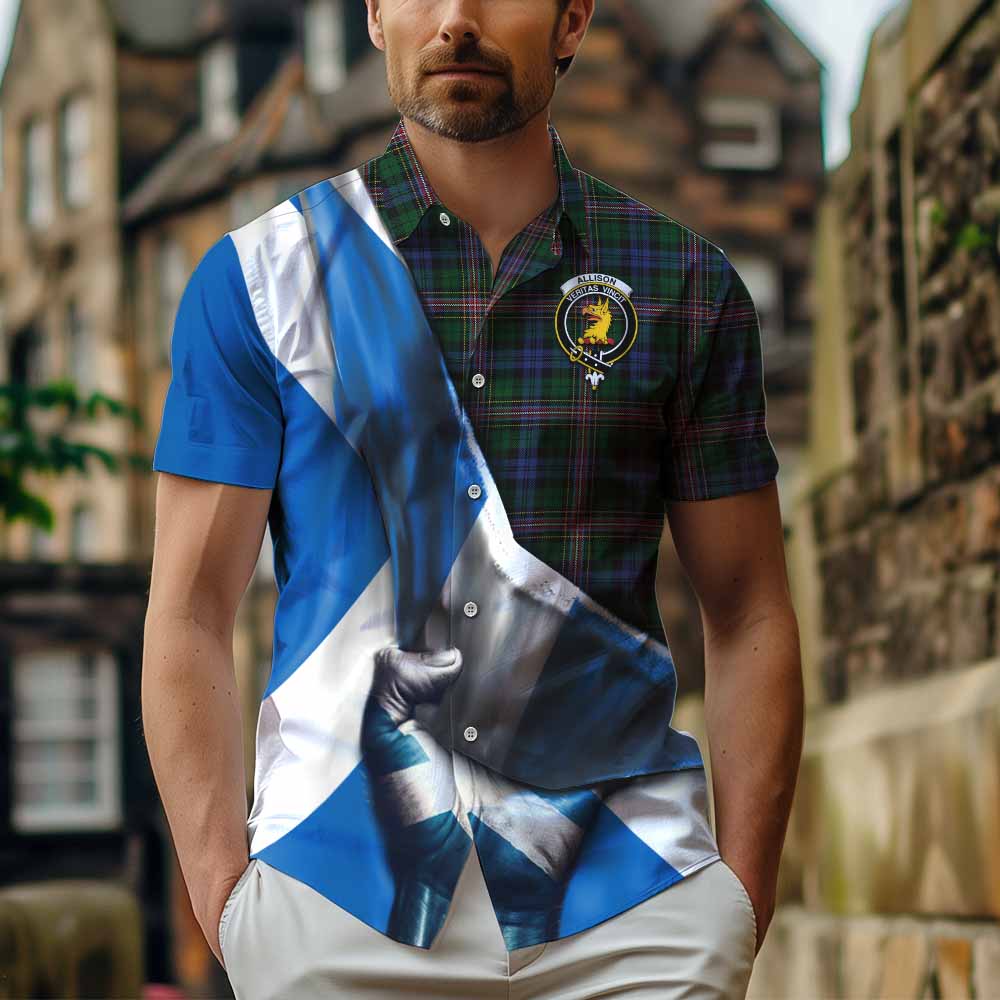 Tartan Vibes Clothing Allison Tartan Short Sleeve Button Shirt with Family Crest Scotland Patriotic Style