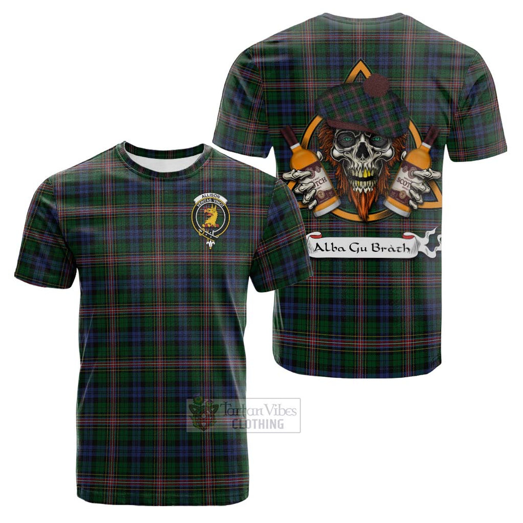 Tartan Vibes Clothing Allison Tartan Cotton T-shirt with Family Crest and Bearded Skull Holding Bottles of Whiskey