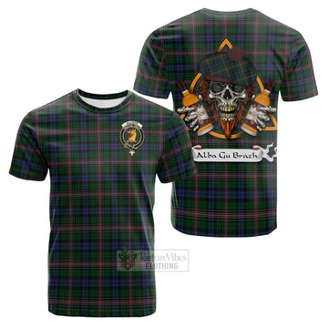 Allison Tartan Cotton T-shirt with Family Crest and Bearded Skull Holding Bottles of Whiskey