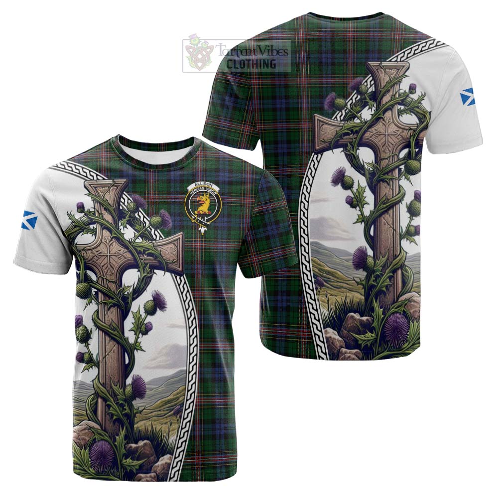 Tartan Vibes Clothing Allison Tartan Cotton T-shirt with Family Crest and St. Andrew's Cross Accented by Thistle Vines