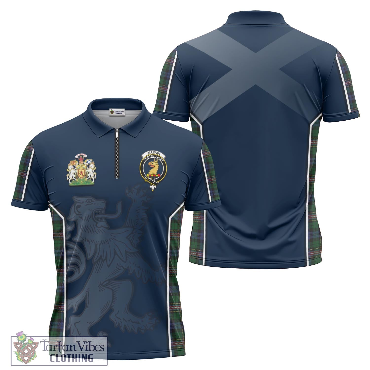 Tartan Vibes Clothing Allison Tartan Zipper Polo Shirt with Family Crest and Lion Rampant Vibes Sport Style