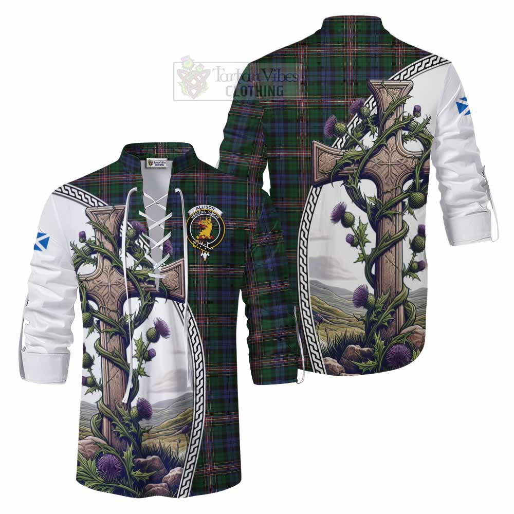 Tartan Vibes Clothing Allison Tartan Ghillie Kilt Shirt with Family Crest and St. Andrew's Cross Accented by Thistle Vines