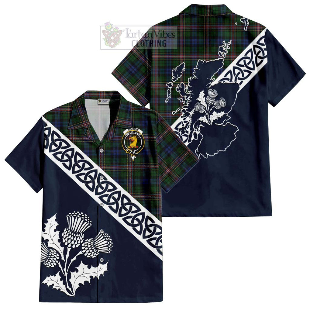 Tartan Vibes Clothing Allison Tartan Short Sleeve Button Shirt Featuring Thistle and Scotland Map