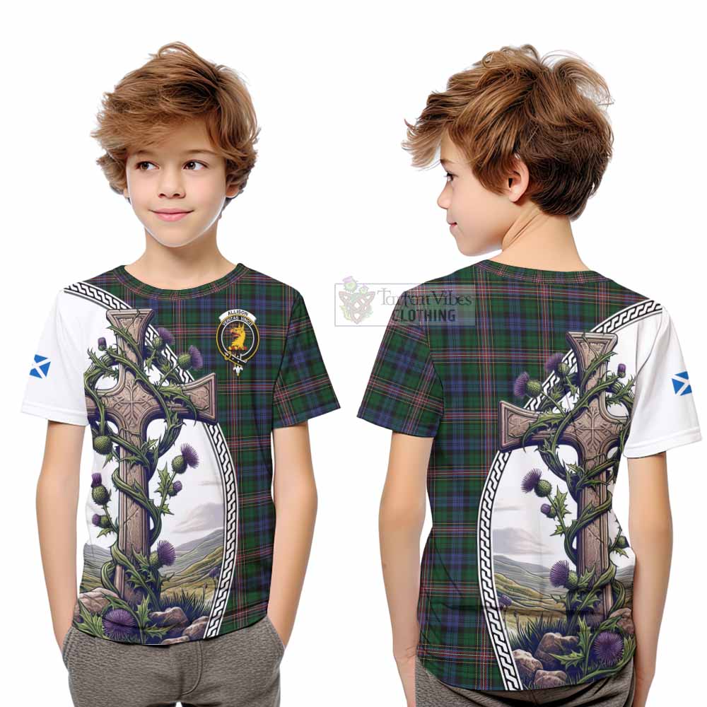 Tartan Vibes Clothing Allison Tartan Kid T-Shirt with Family Crest and St. Andrew's Cross Accented by Thistle Vines