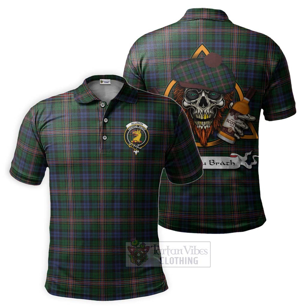 Tartan Vibes Clothing Allison Tartan Polo Shirt with Family Crest and Bearded Skull Holding Bottles of Whiskey