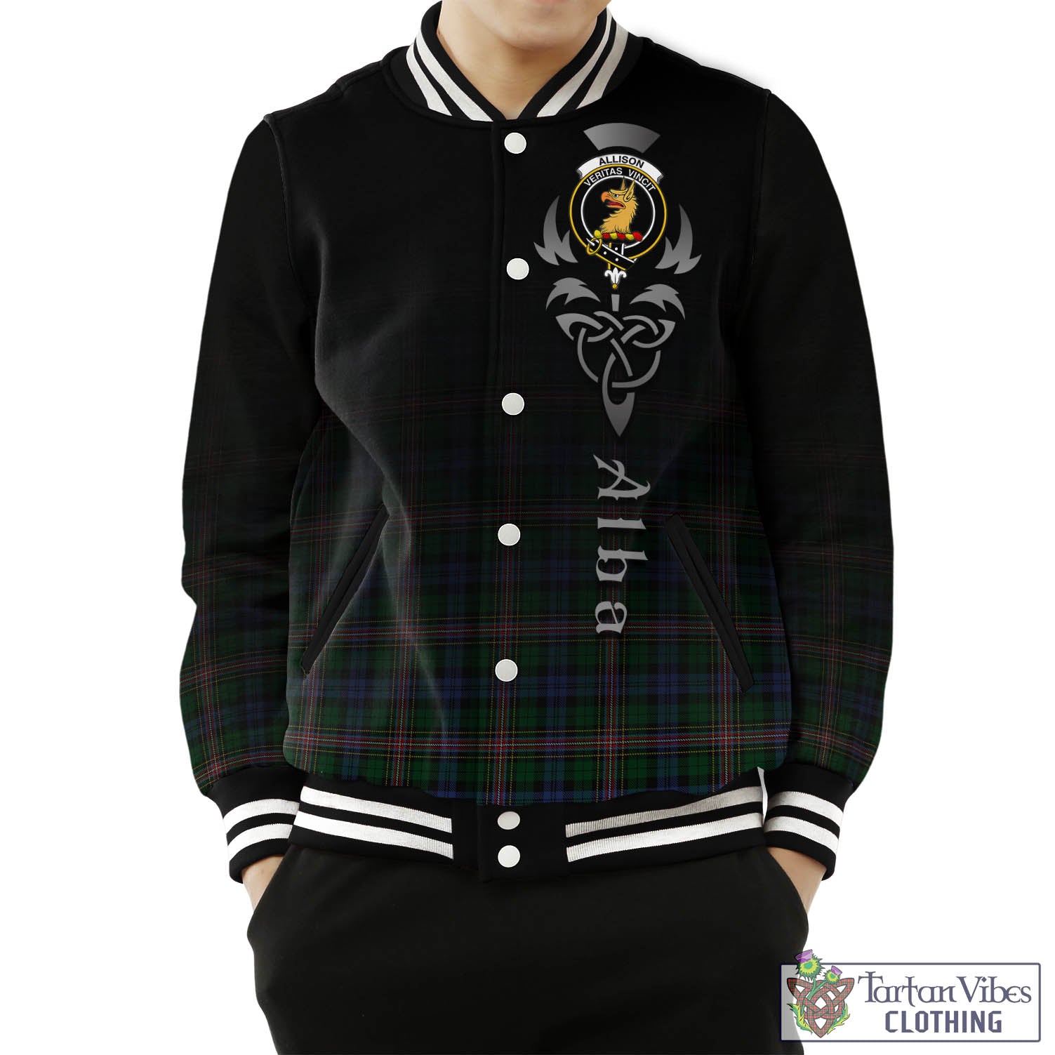 Tartan Vibes Clothing Allison Tartan Baseball Jacket Featuring Alba Gu Brath Family Crest Celtic Inspired