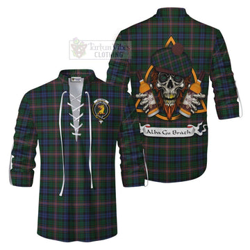 Allison Tartan Ghillie Kilt Shirt with Family Crest and Bearded Skull Holding Bottles of Whiskey