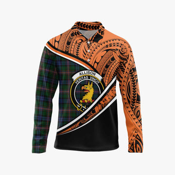 Allison Crest Tartan Long Sleeve Polo Shirt with Polynesian Vibes Style - Orange Version