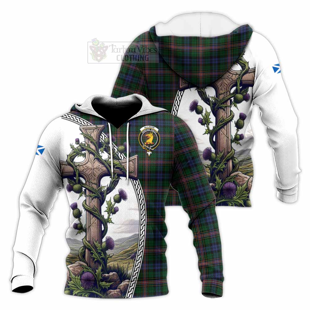 Tartan Vibes Clothing Allison Tartan Knitted Hoodie with Family Crest and St. Andrew's Cross Accented by Thistle Vines