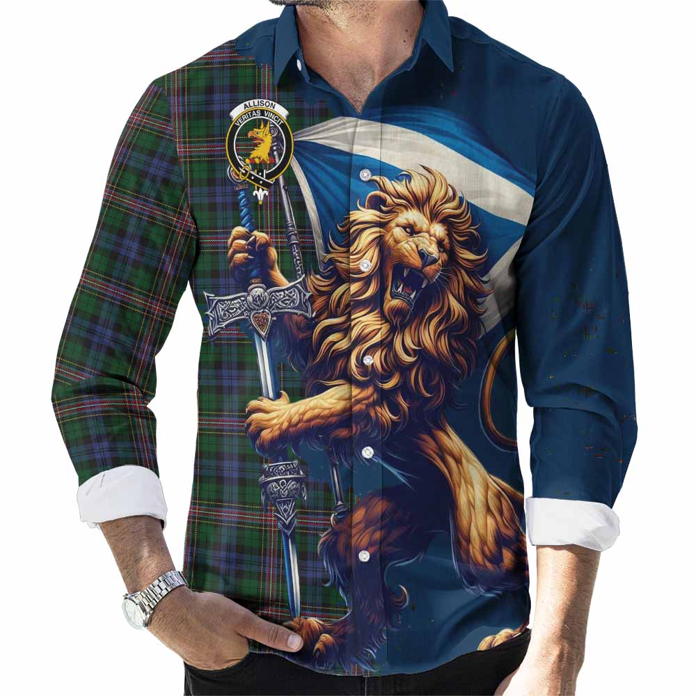 Tartan Vibes Clothing Allison Tartan Family Crest Long Sleeve Button Shirt with Scottish Majestic Lion