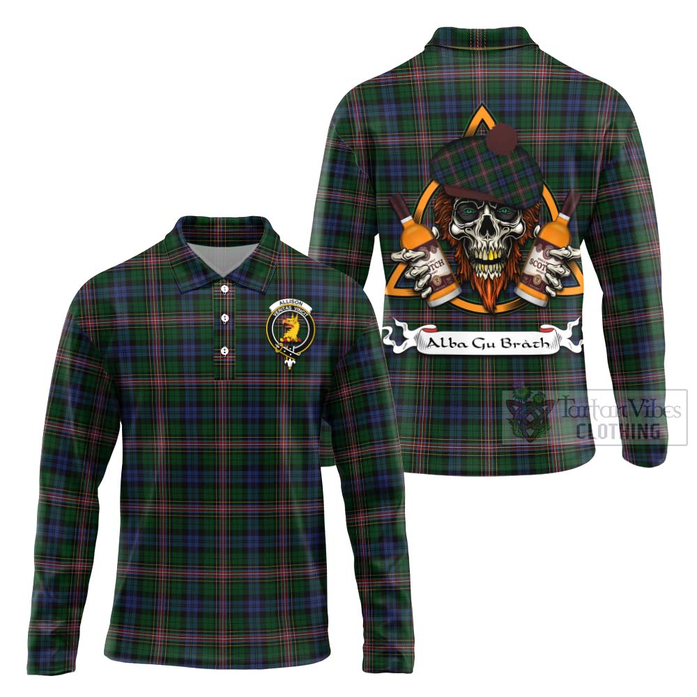 Tartan Vibes Clothing Allison Tartan Long Sleeve Polo Shirt with Family Crest and Bearded Skull Holding Bottles of Whiskey