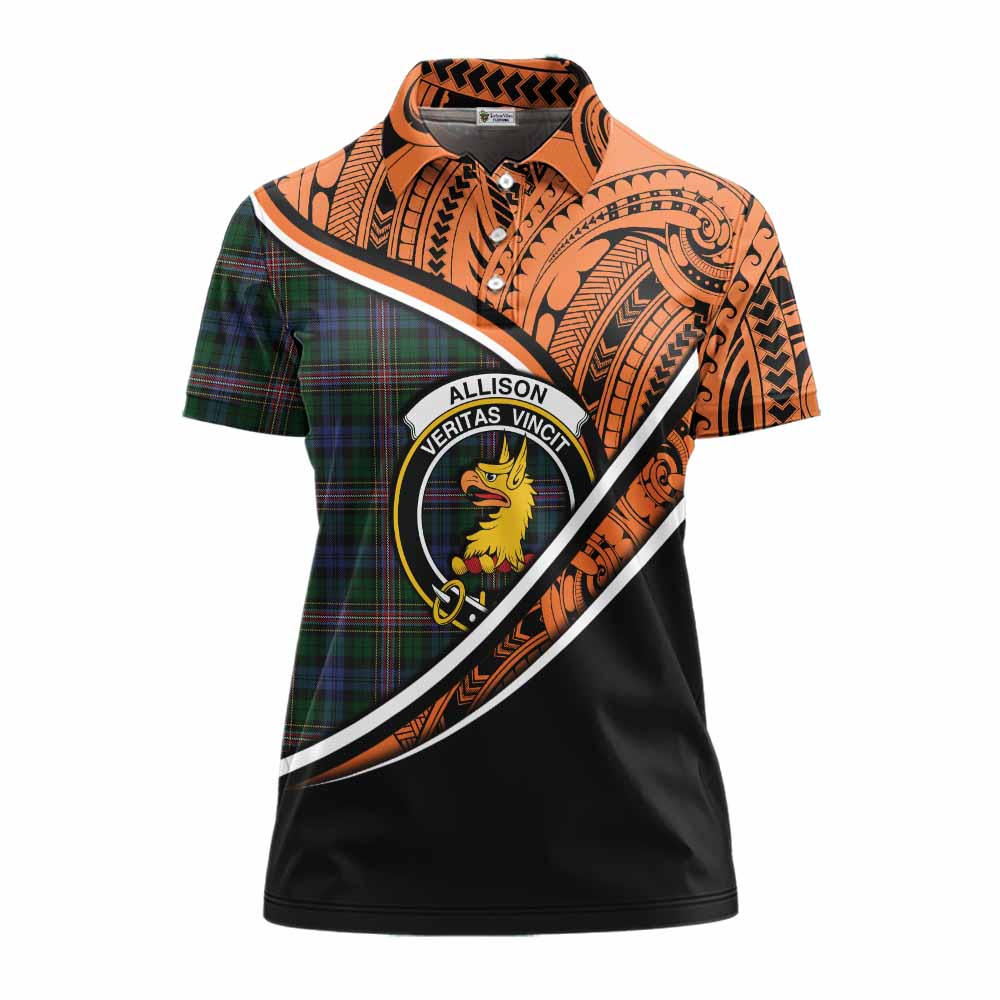 Tartan Vibes Clothing Allison Crest Tartan Women's Polo Shirt with Maori Tattoo Style - Orange Version