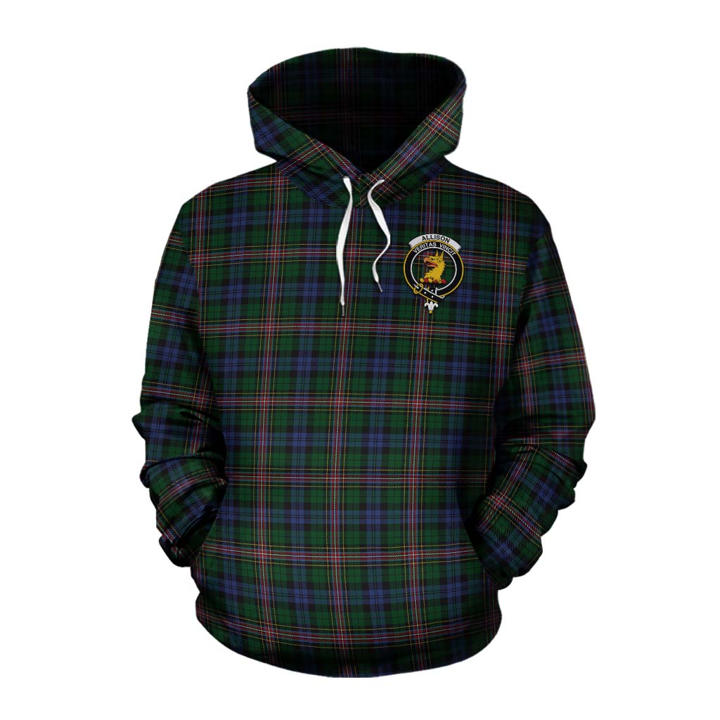 Tartan Vibes Clothing Allison Tartan Cotton Hoodie with Family Crest and Bearded Skull Holding Bottles of Whiskey