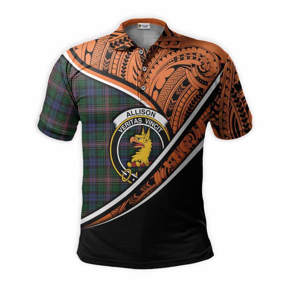 Tartan Vibes Clothing Allison Crest Tartan Polo Shirt with Maori Tattoo Style - Orange Version