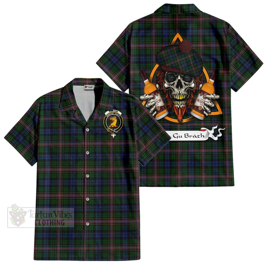 Tartan Vibes Clothing Allison Tartan Short Sleeve Button Shirt with Family Crest and Bearded Skull Holding Bottles of Whiskey