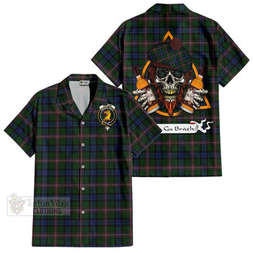 Allison Tartan Short Sleeve Button Shirt with Family Crest and Bearded Skull Holding Bottles of Whiskey