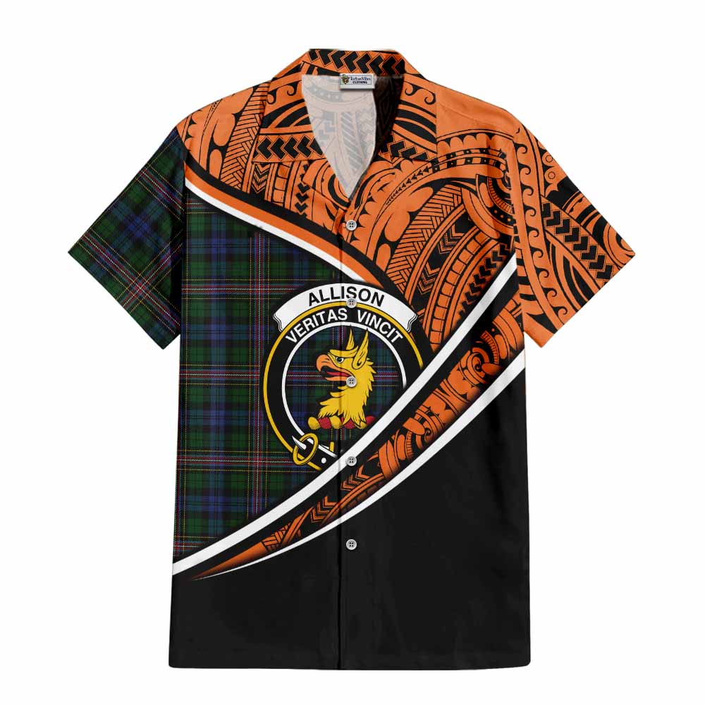 Tartan Vibes Clothing Allison Crest Tartan Short Sleeve Button Shirt with Maori Tattoo Style - Orange Version