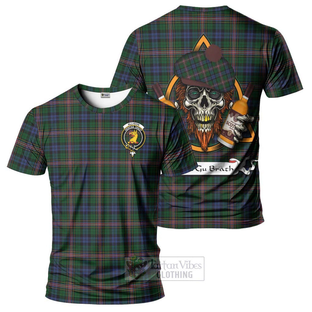 Tartan Vibes Clothing Allison Tartan T-Shirt with Family Crest and Bearded Skull Holding Bottles of Whiskey