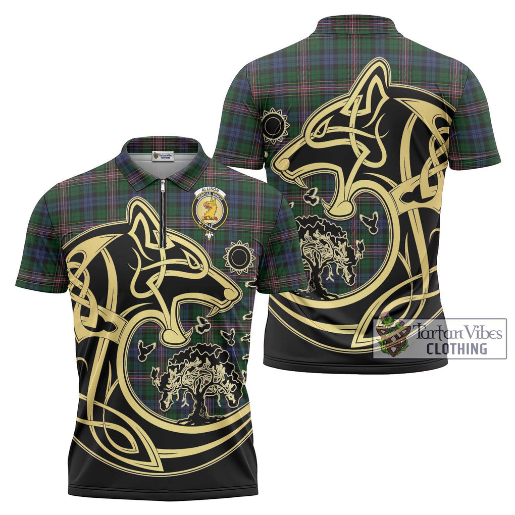 Allison Tartan Zipper Polo Shirt with Family Crest Celtic Wolf Style Unisex - Tartanvibesclothing Shop