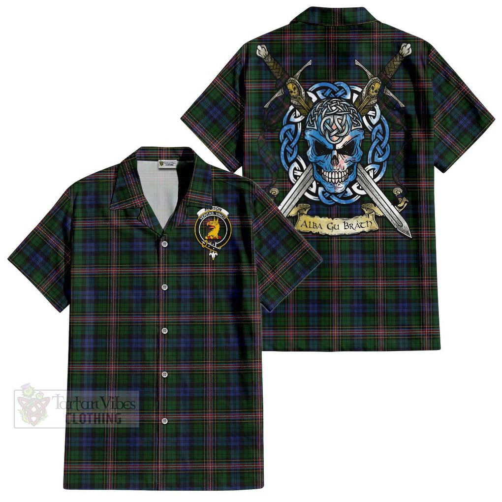 Tartan Vibes Clothing Allison Tartan Short Sleeve Button Shirt with Family Crest Celtic Skull Style