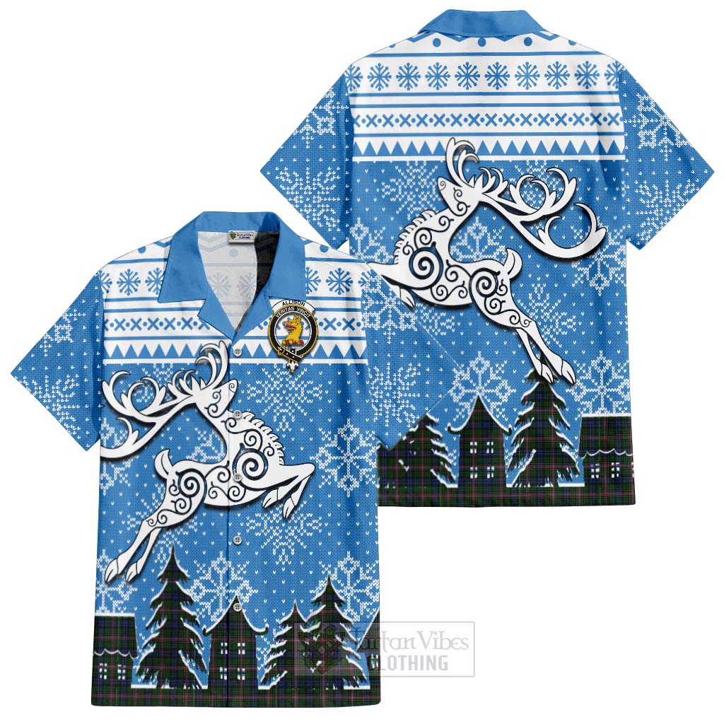 Tartan Vibes Clothing Allison Clan Christmas Short Sleeve Button Shirt Celtic Reindeer Style