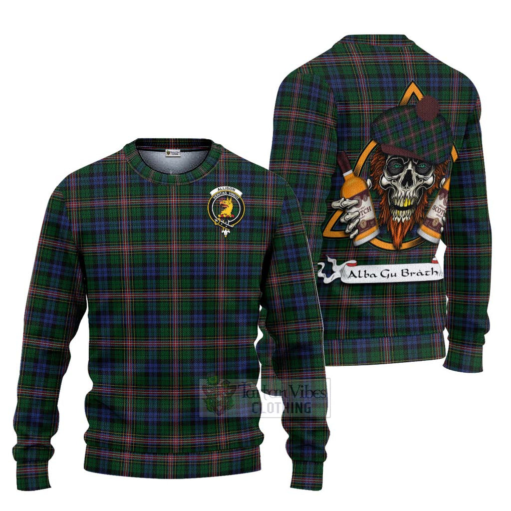 Tartan Vibes Clothing Allison Tartan Knitted Sweater with Family Crest and Bearded Skull Holding Bottles of Whiskey