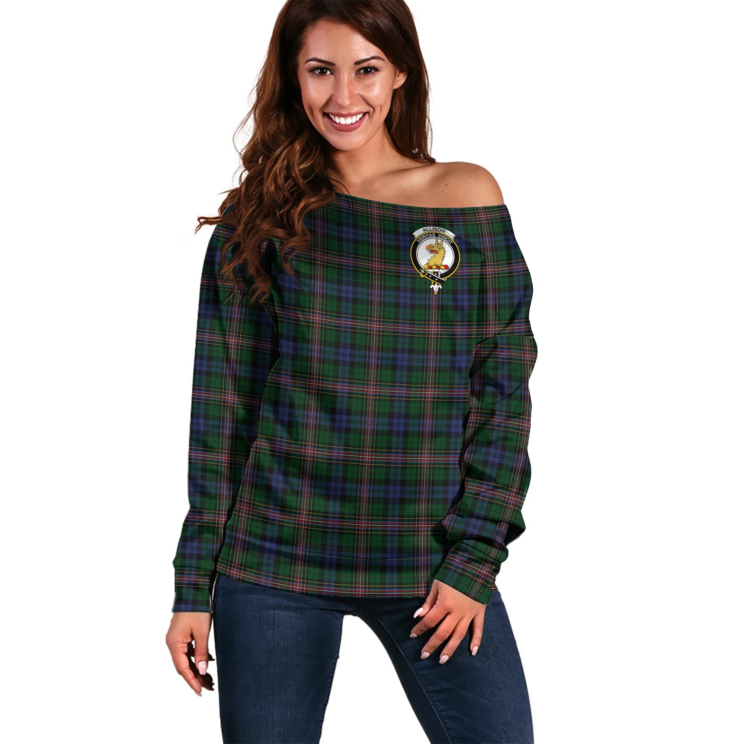 Allison Tartan Off Shoulder Women Sweater with Family Crest Women - Tartanvibesclothing