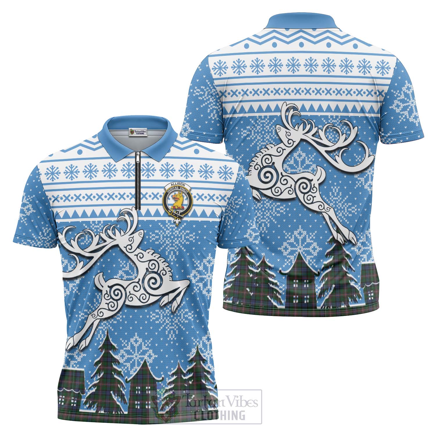 Tartan Vibes Clothing Allison Clan Christmas Zipper Polo Shirt Celtic Reindeer Style