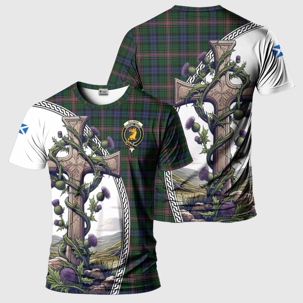 Tartan Vibes Clothing Allison Agnew Tartan T-Shirt with Family Crest and St. Andrew's Cross Accented by Thistle Vines