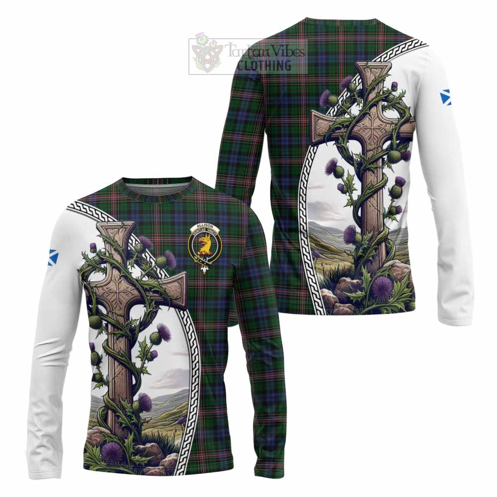 Tartan Vibes Clothing Allison Tartan Long Sleeve T-Shirt with Family Crest and St. Andrew's Cross Accented by Thistle Vines