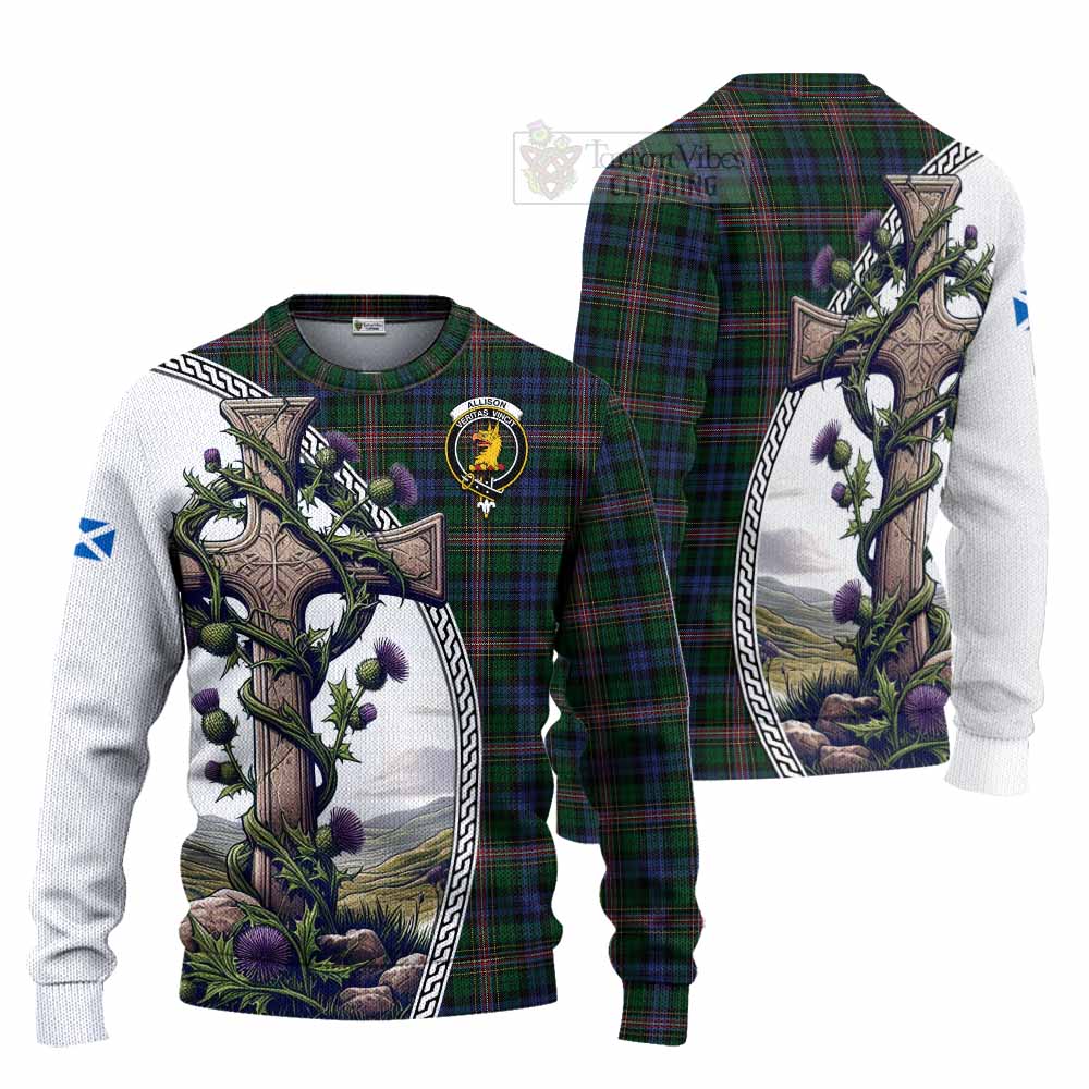 Tartan Vibes Clothing Allison Tartan Knitted Sweater with Family Crest and St. Andrew's Cross Accented by Thistle Vines