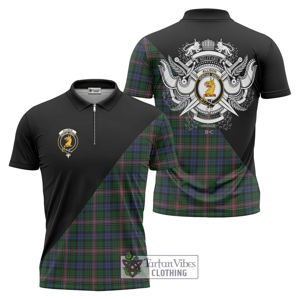 Allison Tartan Zipper Polo Shirt with Family Crest and Military Logo Style Unisex - Tartanvibesclothing Shop