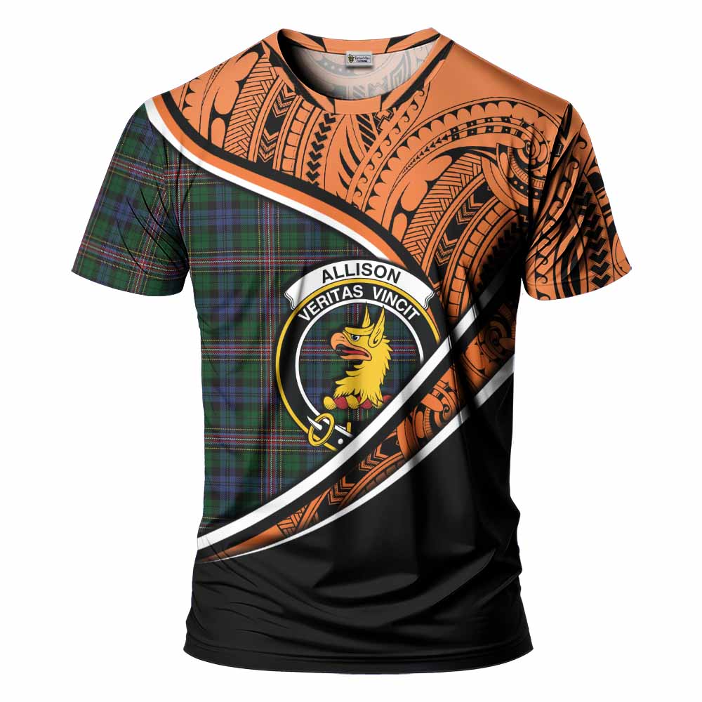 Tartan Vibes Clothing Allison Crest Tartan T-Shirt with Maori Tattoo Style - Orange Version