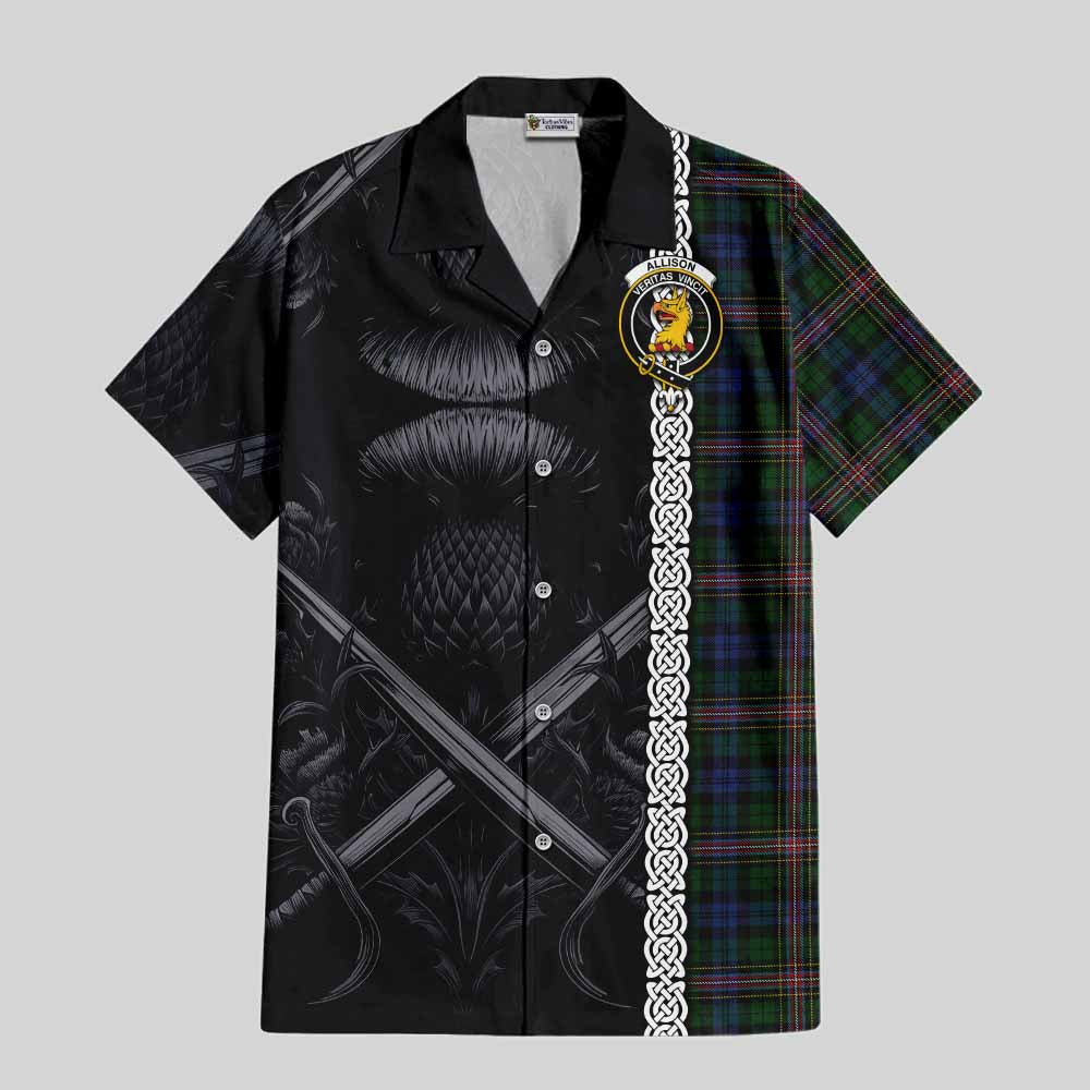 Tartan Vibes Clothing Allison Tartan Short Sleeve Button Shirt with Family Crest Cross Sword Thistle Celtic Vibes