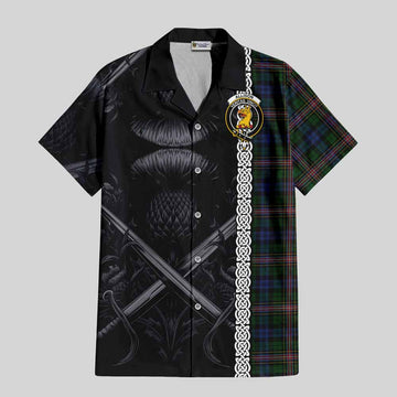 Allison Tartan Short Sleeve Button Shirt with Family Crest Cross Sword Thistle Celtic Vibes