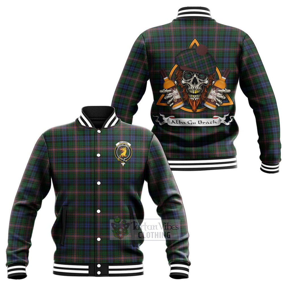 Tartan Vibes Clothing Allison Tartan Baseball Jacket with Family Crest and Bearded Skull Holding Bottles of Whiskey