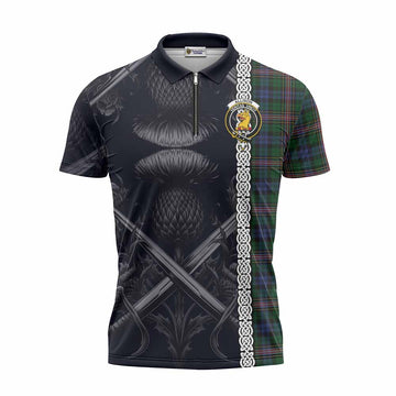 Allison Tartan Zipper Polo Shirt with Family Crest Cross Sword Thistle Celtic Vibes