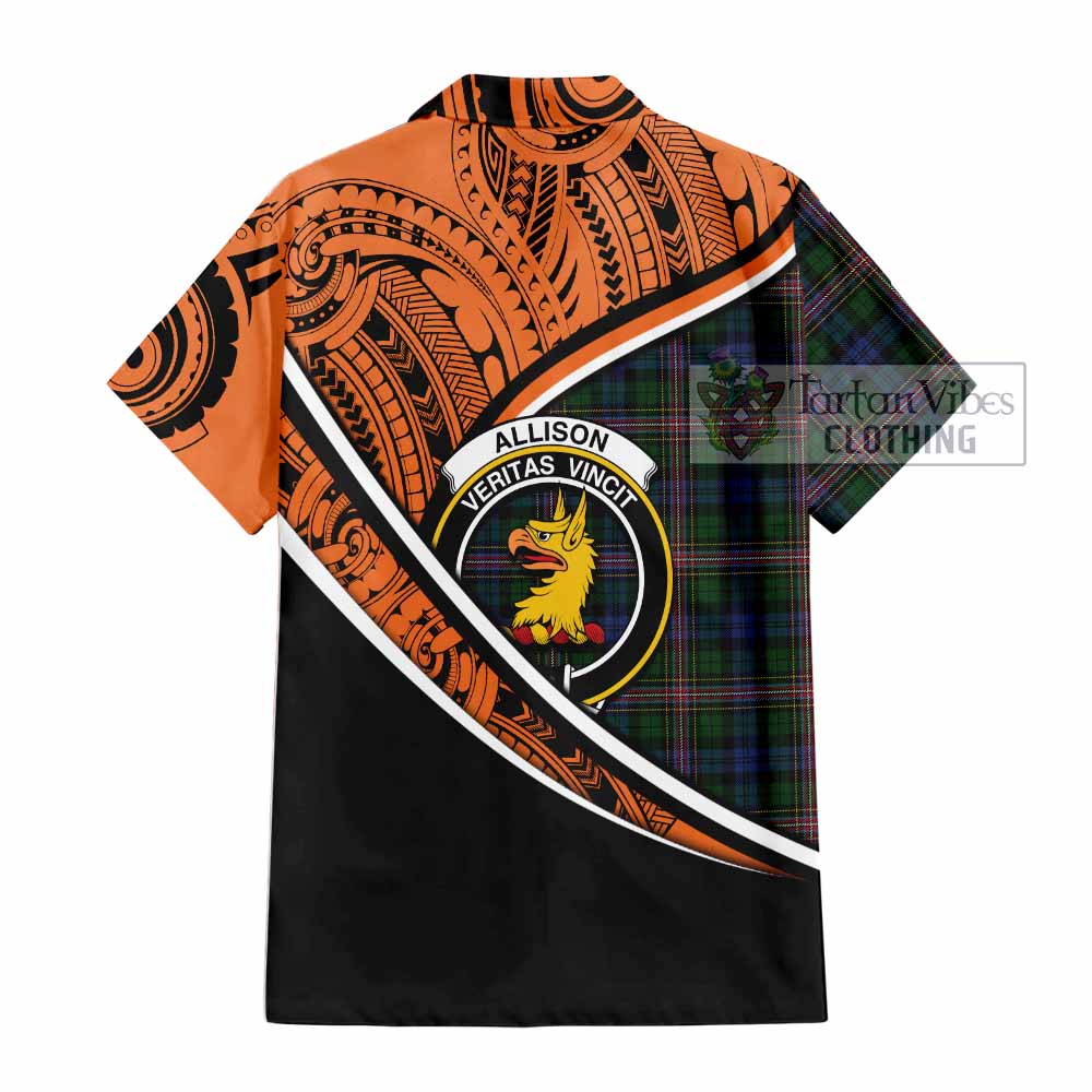 Tartan Vibes Clothing Allison Crest Tartan Short Sleeve Button Shirt with Maori Tattoo Style - Orange Version