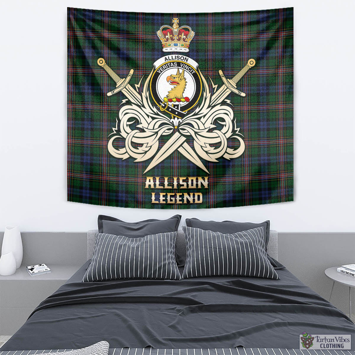 Tartan Vibes Clothing Allison Tartan Tapestry with Clan Crest and the Golden Sword of Courageous Legacy