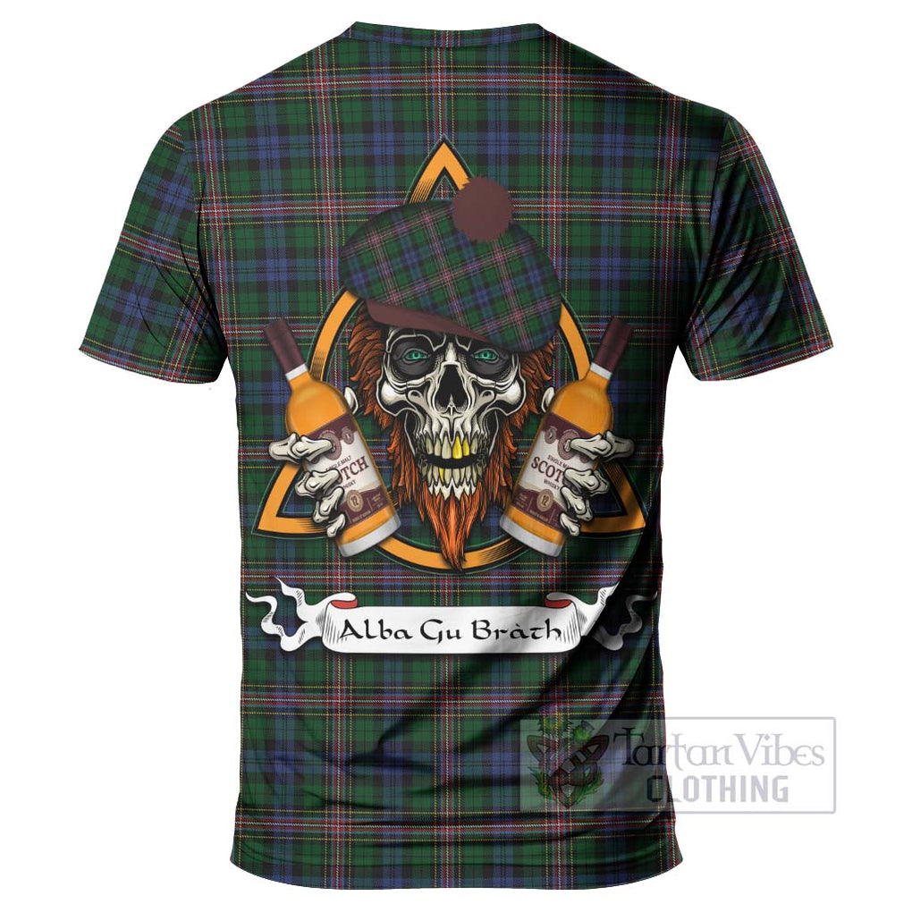 Tartan Vibes Clothing Allison Tartan T-Shirt with Family Crest and Bearded Skull Holding Bottles of Whiskey