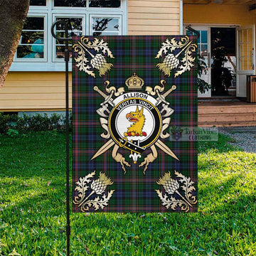 Allison Tartan Flag with Family Crest and Golden Thistle Crossed Sword Design