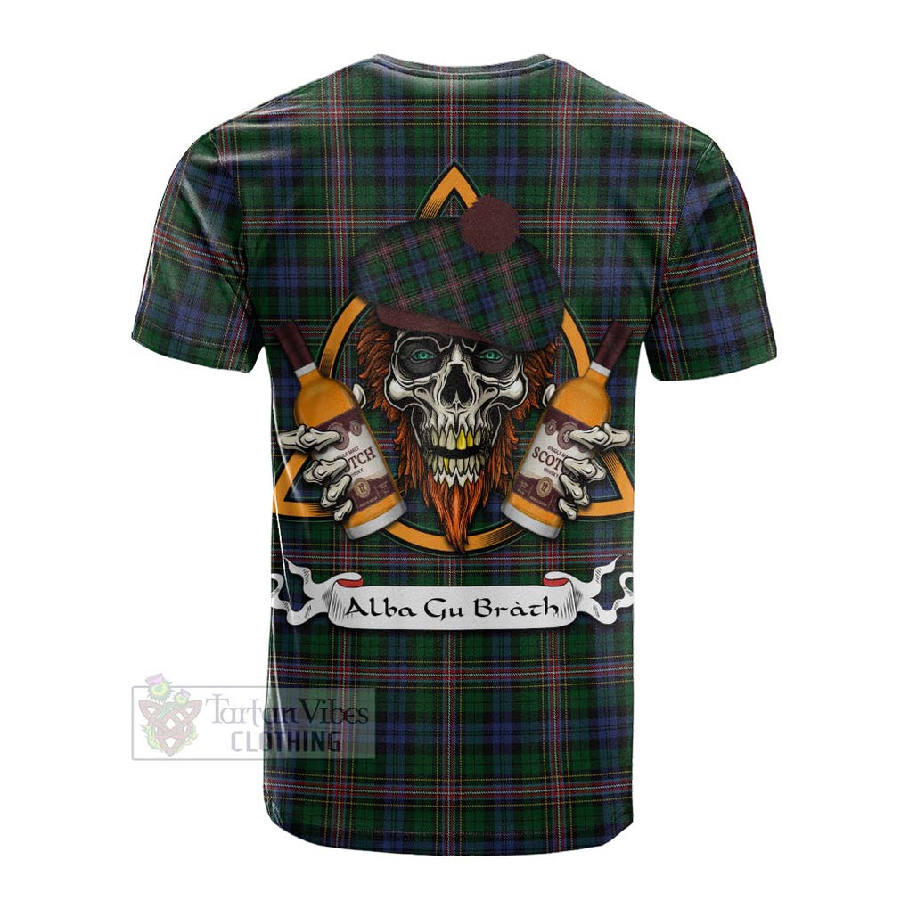 Tartan Vibes Clothing Allison Tartan Cotton T-shirt with Family Crest and Bearded Skull Holding Bottles of Whiskey