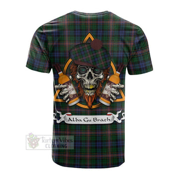 Allison Tartan Cotton T-shirt with Family Crest and Bearded Skull Holding Bottles of Whiskey