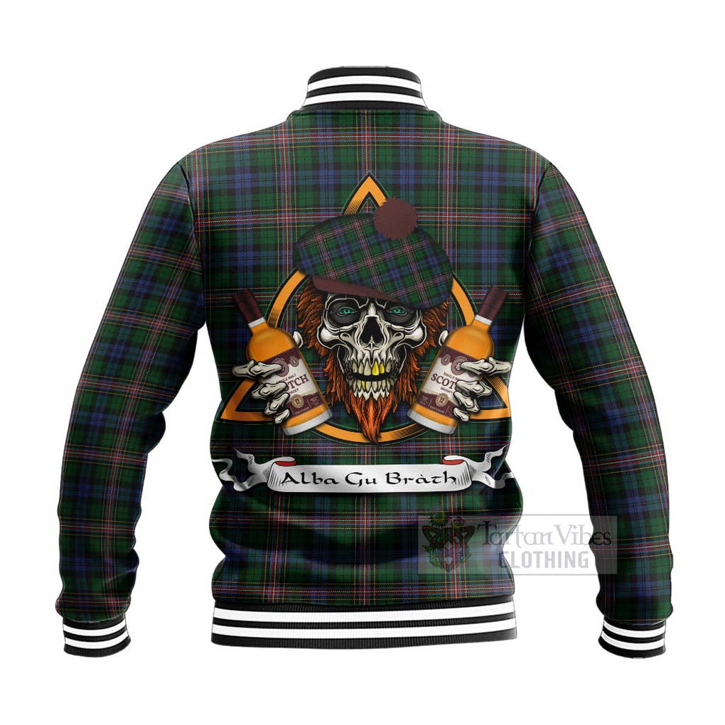 Tartan Vibes Clothing Allison Tartan Baseball Jacket with Family Crest and Bearded Skull Holding Bottles of Whiskey