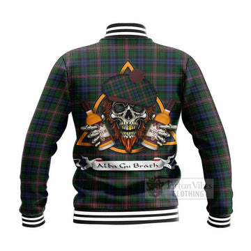 Allison Tartan Baseball Jacket with Family Crest and Bearded Skull Holding Bottles of Whiskey