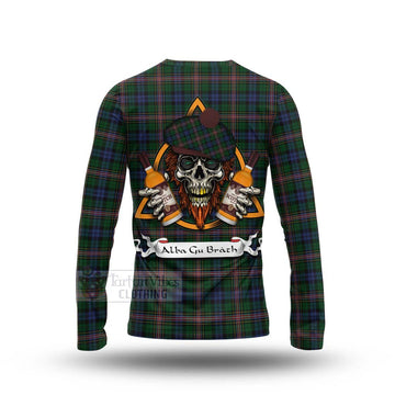 Allison Tartan Long Sleeve T-Shirt with Family Crest and Bearded Skull Holding Bottles of Whiskey