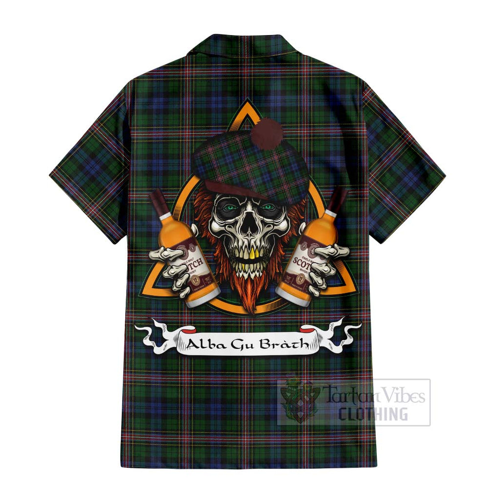 Tartan Vibes Clothing Allison Tartan Short Sleeve Button Shirt with Family Crest and Bearded Skull Holding Bottles of Whiskey